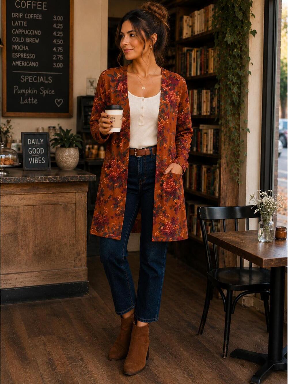 Solitaire Floral Open Front‎ Cardigan Size L Rust Burgundy